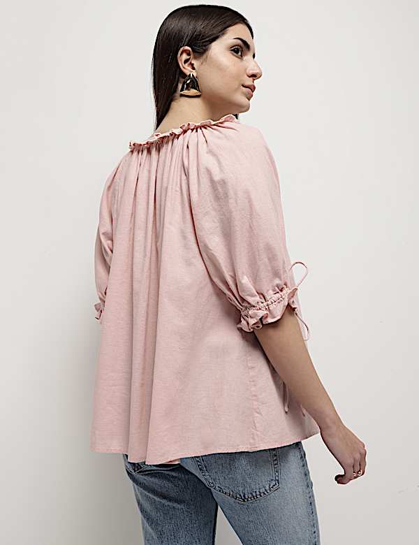 Linen Rich Ruffled Neck Blouson Top