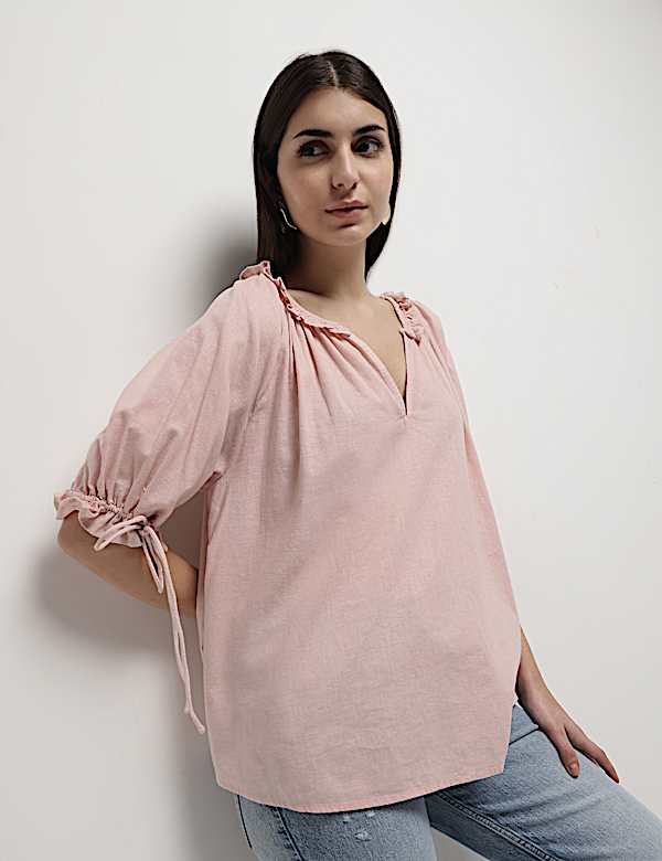 Linen Rich Ruffled Neck Blouson Top
