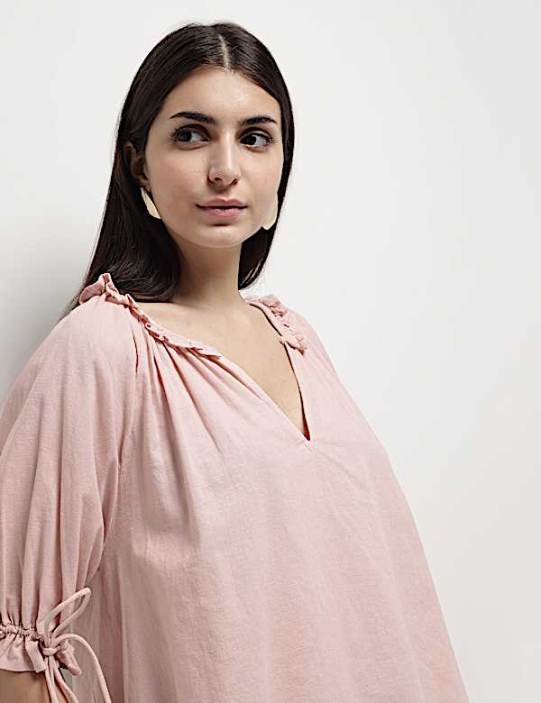 Linen Rich Ruffled Neck Blouson Top