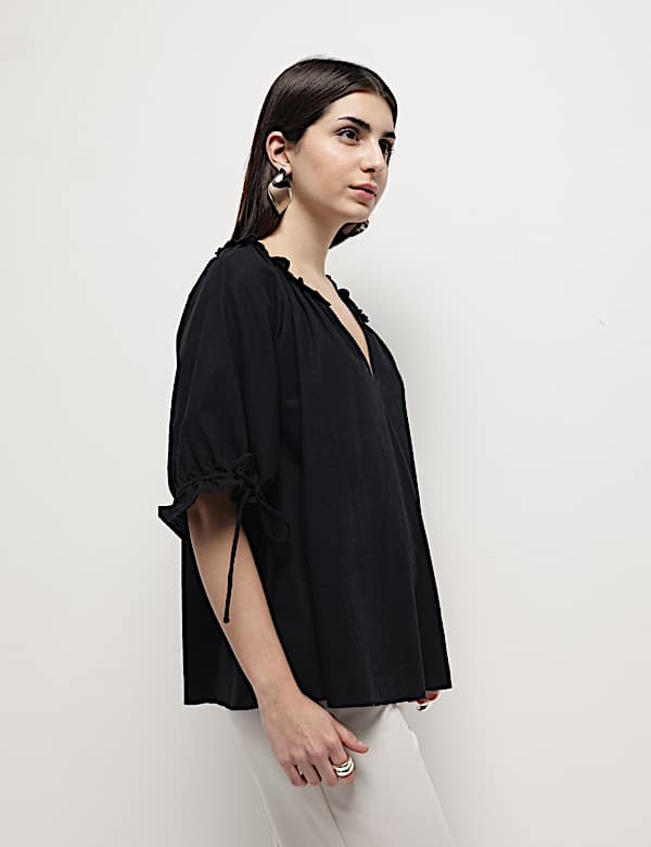 Linen Rich Ruffled Neck Blouson Top