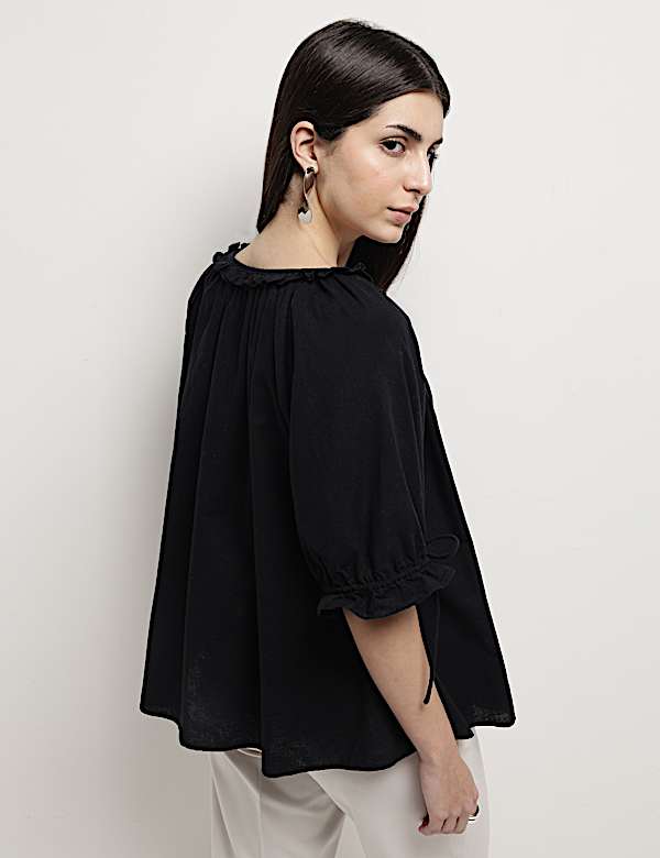Linen Rich Ruffled Neck Blouson Top