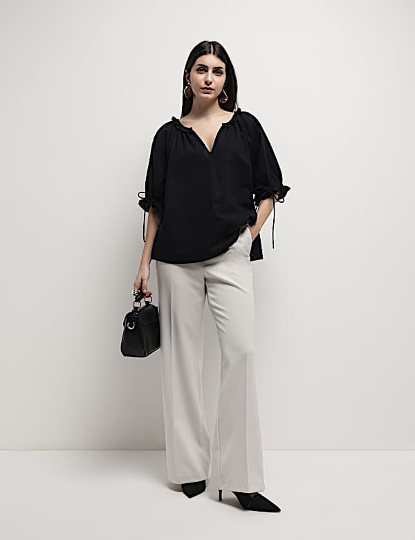 Linen Rich Ruffled Neck Blouson Top
