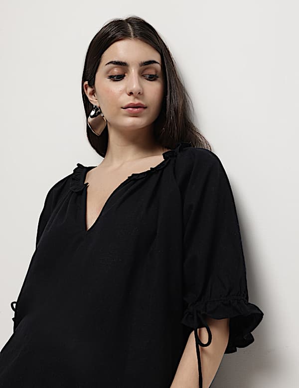 Linen Rich Ruffled Neck Blouson Top