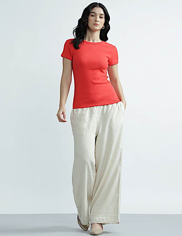 Cotton Rich Round Neck Textured Top