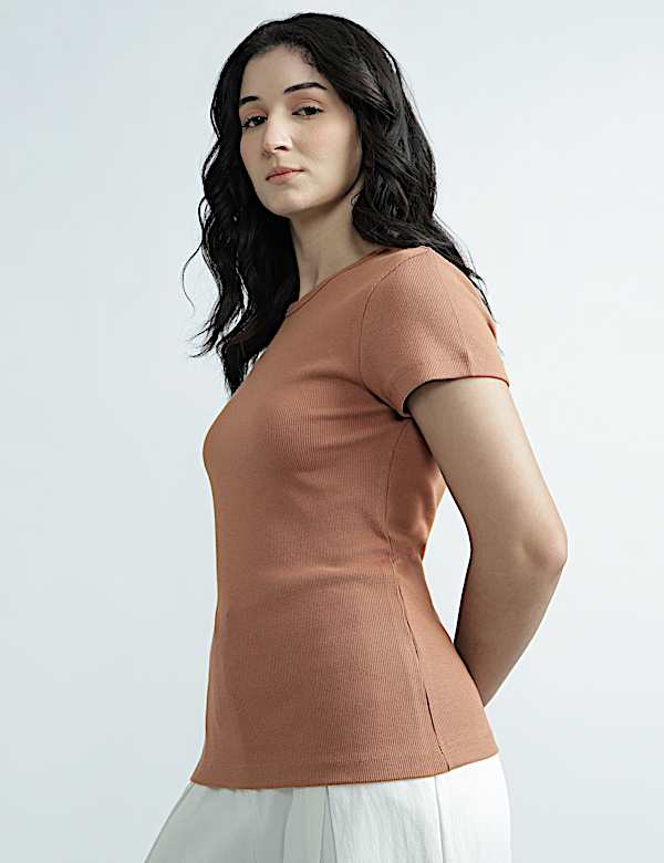Cotton Rich Short Sleeve Ribbed Top