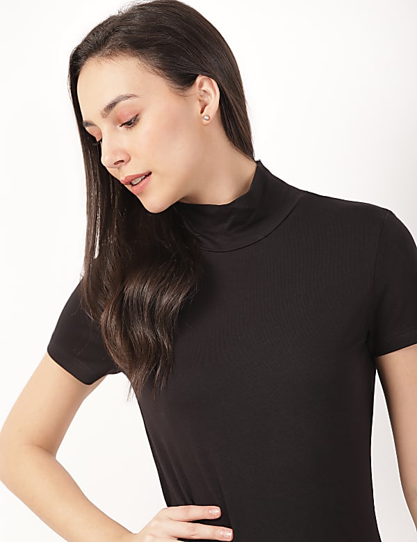 Cotton Rich Funnel Neck Fitted T-Shirt