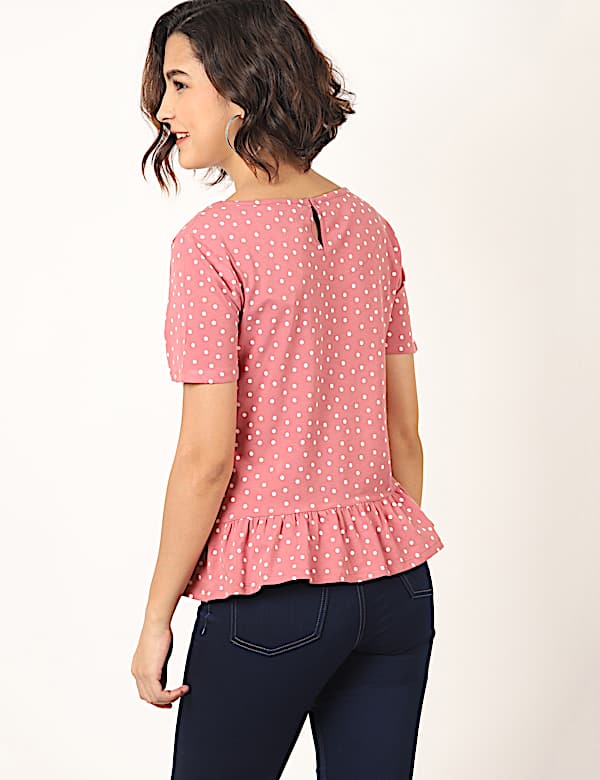 Cotton Mix Polka Dots Key Hole Neck Top