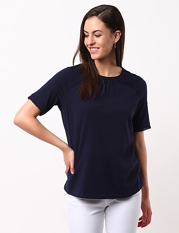 Cutwork Woven Jersey Mix Top