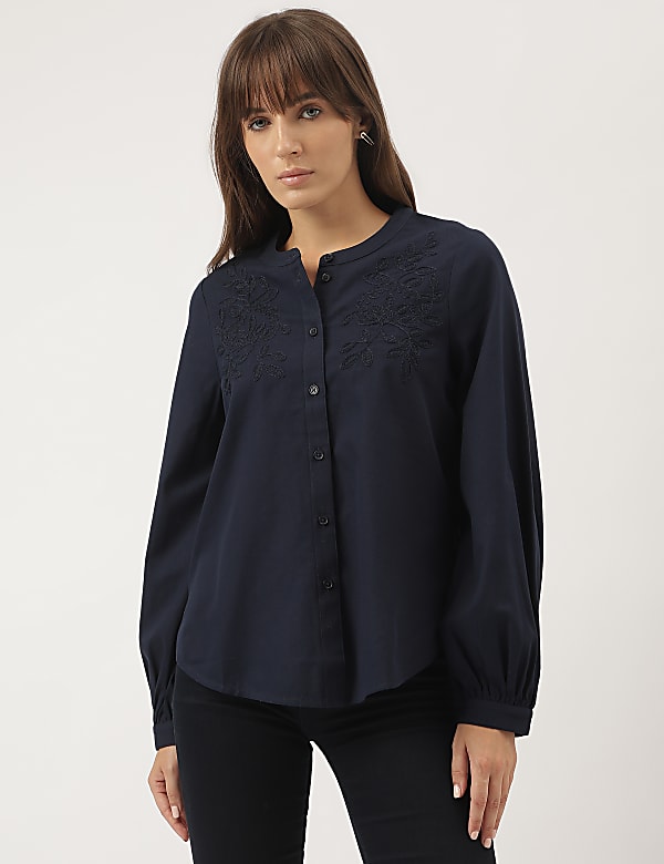 Pure Cotton Embroidered Band Collar Blouse