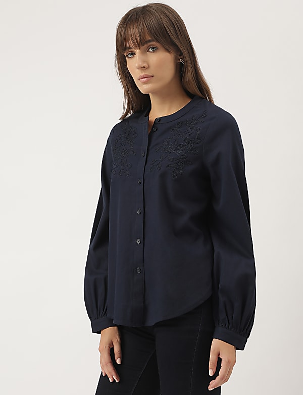 Pure Cotton Embroidered Band Collar Blouse