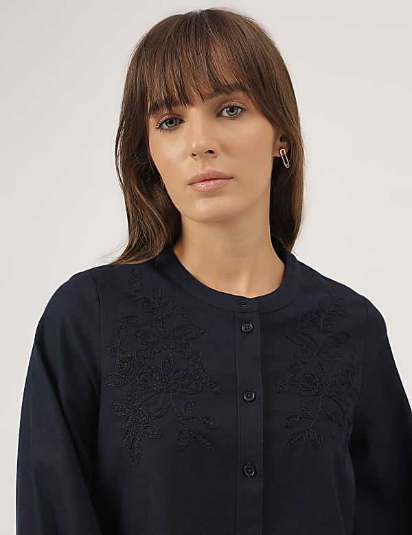 Pure Cotton Embroidered Band Collar Blouse