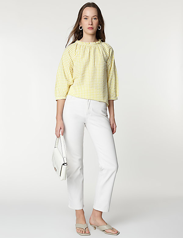 Pure Cotton Checks Ruffled Neck Blouse
