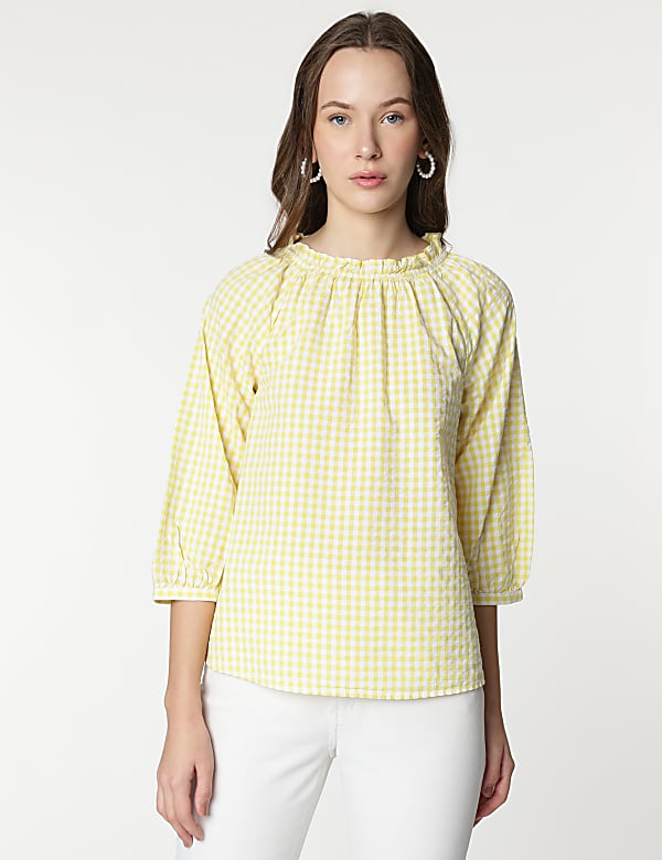 Pure Cotton Checks Ruffled Neck Blouse