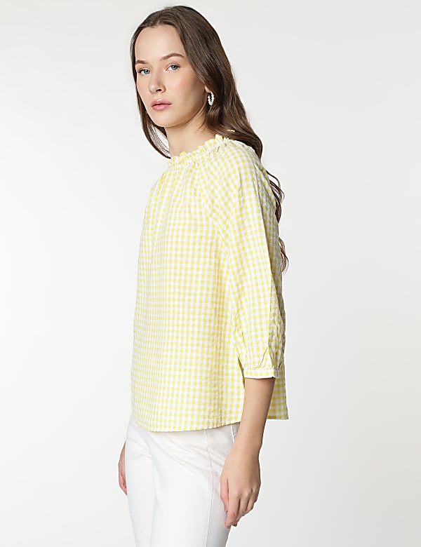Pure Cotton Checks Ruffled Neck Blouse