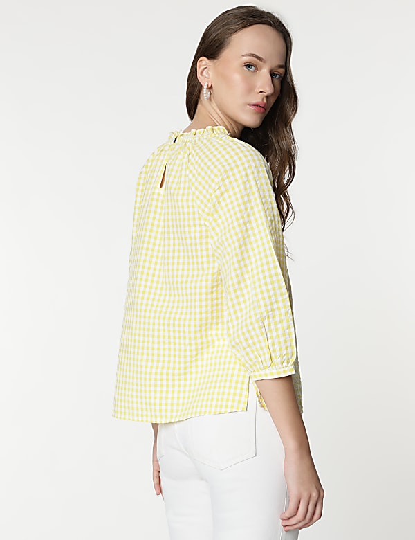 Pure Cotton Checks Ruffled Neck Blouse
