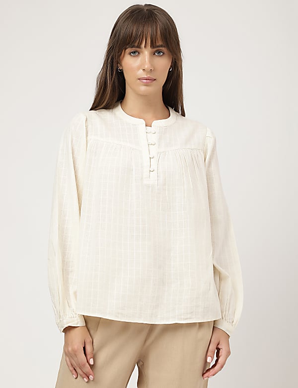 Pure Cotton Plain Mandarin Collar Blouse