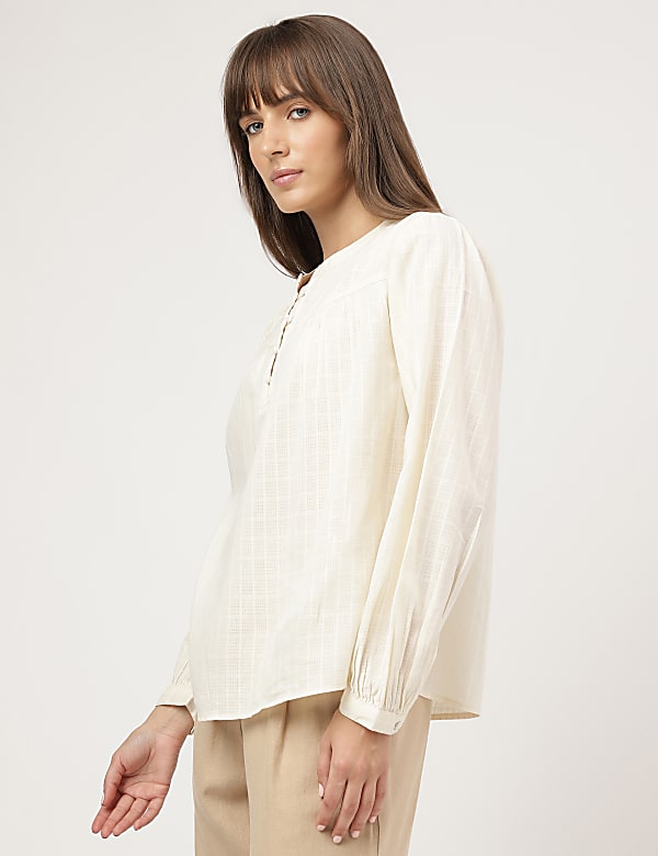 Pure Cotton Plain Mandarin Collar Blouse