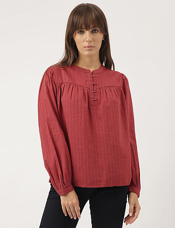 Pure Cotton Plain Mandarin Collar Blouse