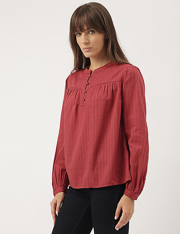 Pure Cotton Plain Mandarin Collar Blouse