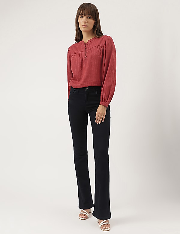 Pure Cotton Plain Mandarin Collar Blouse