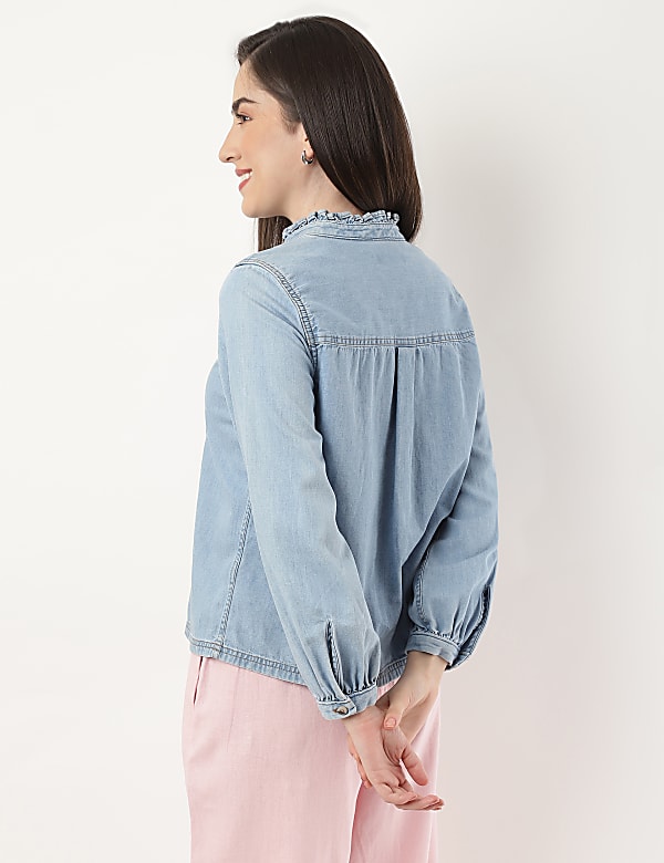 Pure Cotton Pleated Mandarin Collar Top