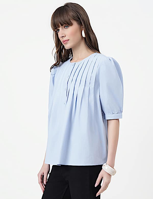 Pure Cotton Pintuck Round Neck Top