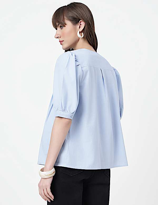 Pure Cotton Pintuck Round Neck Top