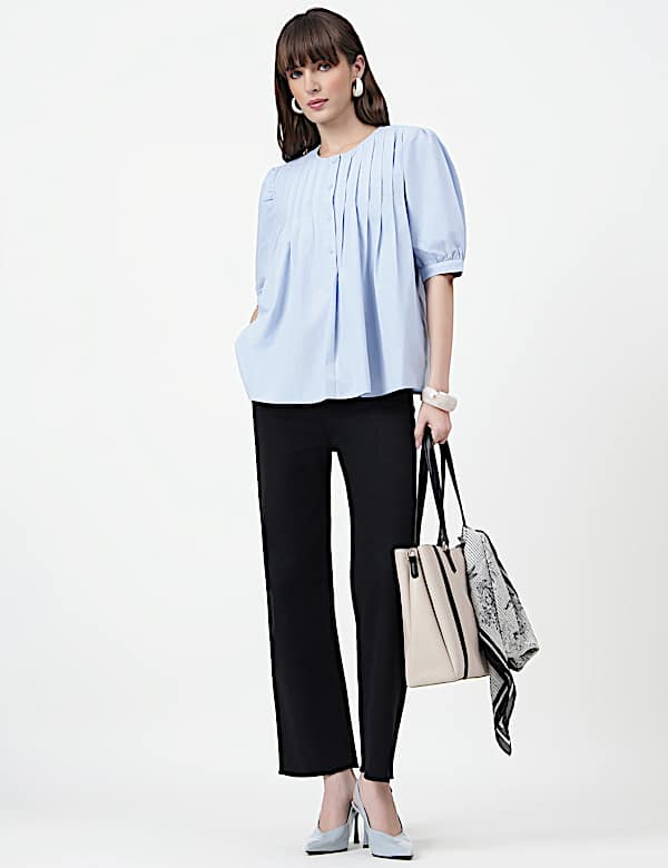 Pure Cotton Pintuck Round Neck Top