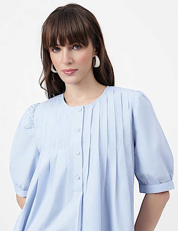 Pure Cotton Pintuck Round Neck Top