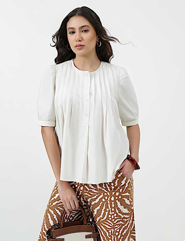 Pure Cotton Pleated Round Neck Top