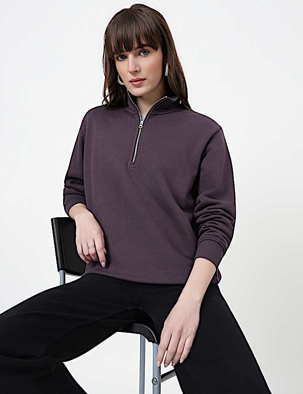 Cotton Rich Plain High Neck Sweatshirt