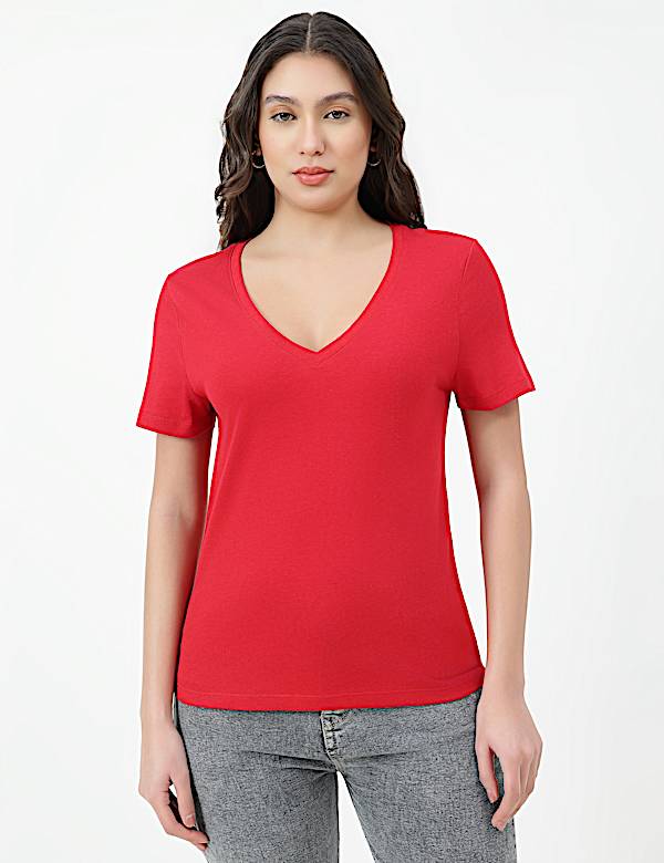 Pure Cotton Plain V-Neck T-shirt