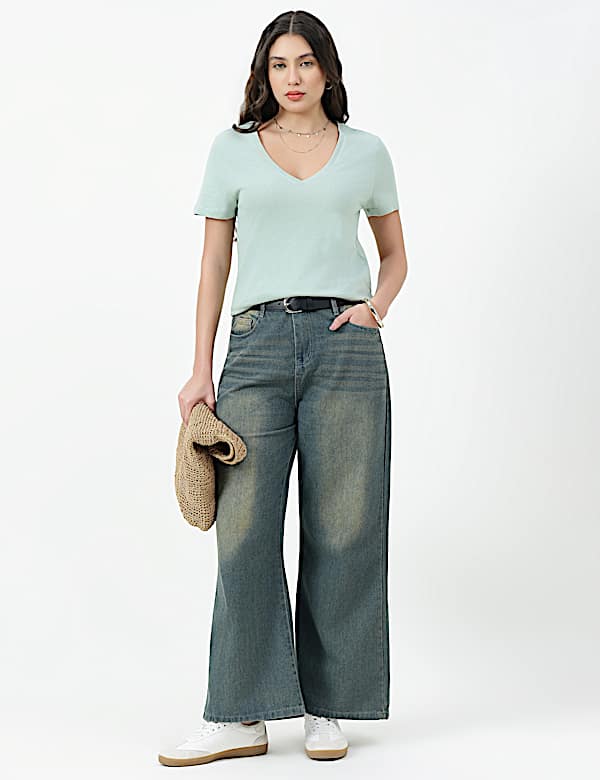 Pure Cotton Plain V-Neck T-shirt