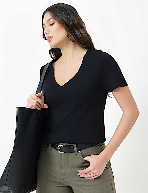 Pure Cotton Plain V-Neck T-shirt