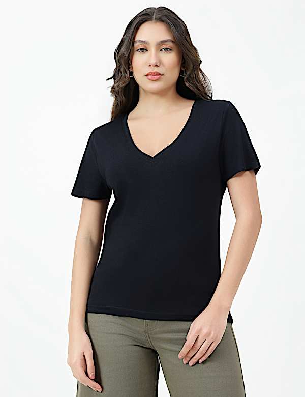 Pure Cotton Plain V-Neck T-shirt