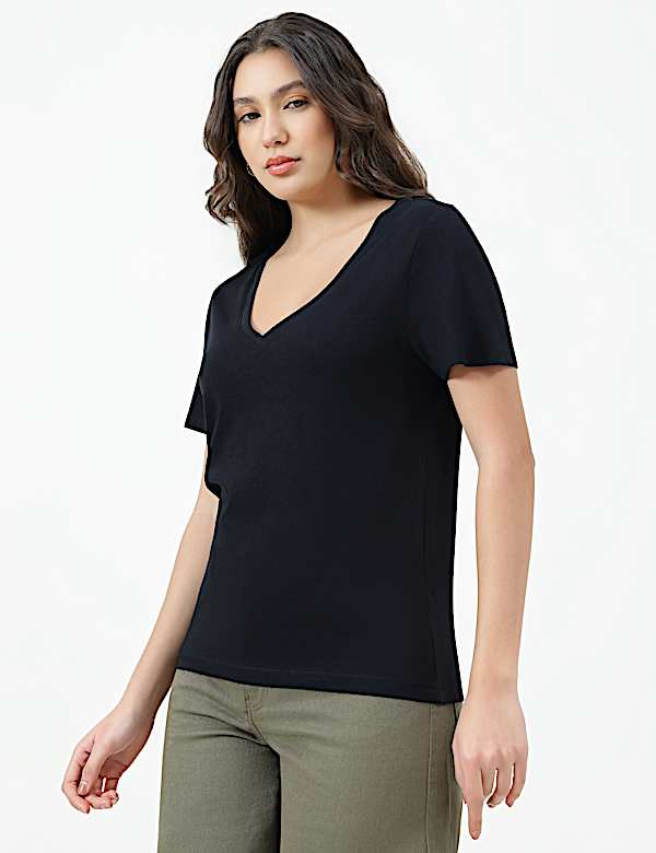 Pure Cotton Plain V-Neck T-shirt
