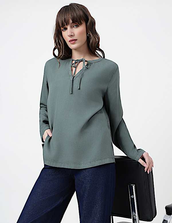 Lyocell Plain Tie-Up Neck Top