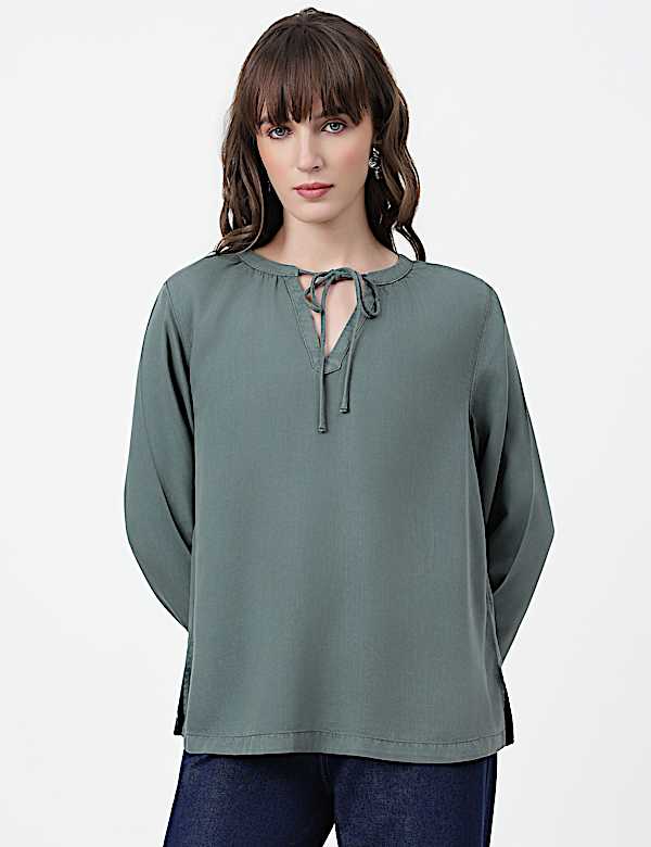 Lyocell Plain Tie-Up Neck Top
