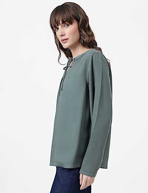 Lyocell Plain Tie-Up Neck Top