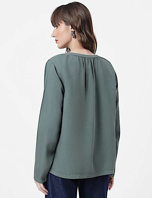 Lyocell Plain Tie-Up Neck Top