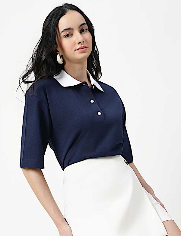 Pure Cotton Plain Polo Neck T-shirt