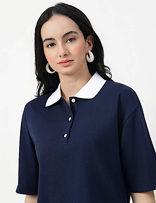 Pure Cotton Plain Polo Neck T-shirt