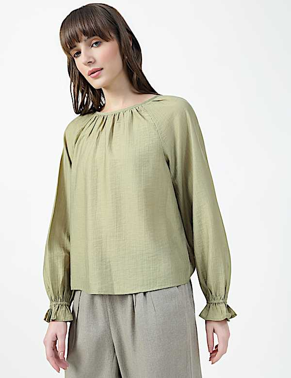 Lyocell Rich Bow Print Round Neck Top