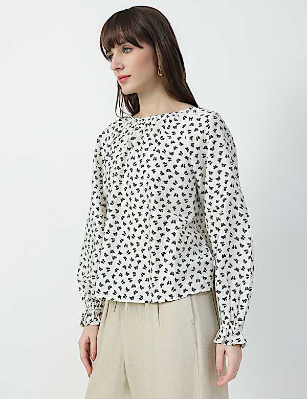 Lyocell Rich Bow Print Round Neck Top