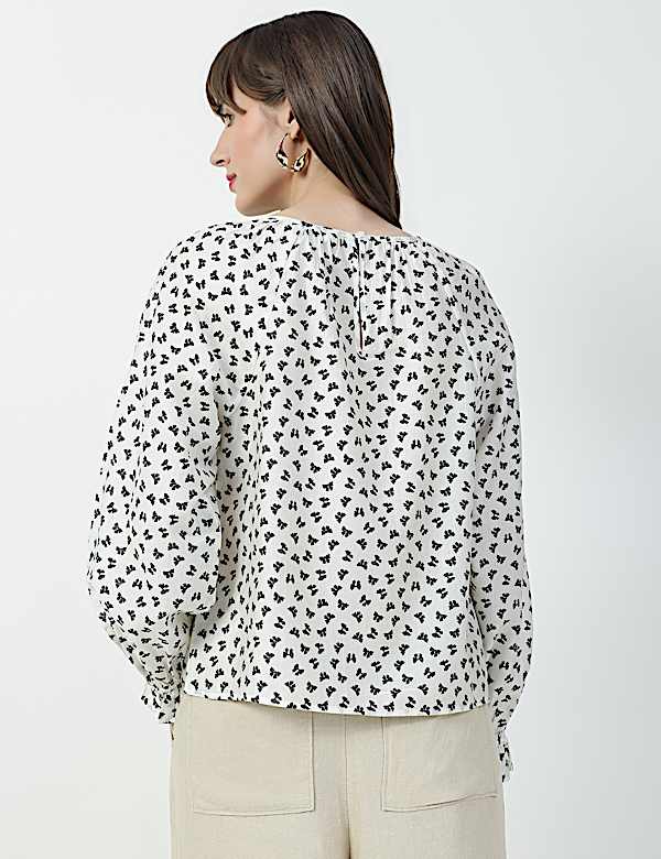 Lyocell Rich Bow Print Round Neck Top