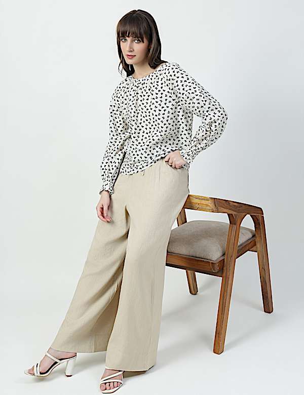 Lyocell Rich Bow Print Round Neck Top