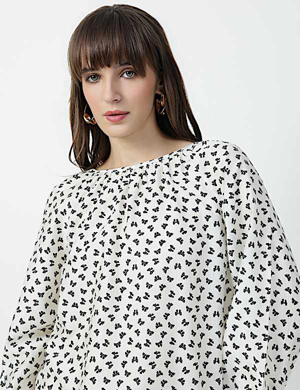 Lyocell Rich Bow Print Round Neck Top