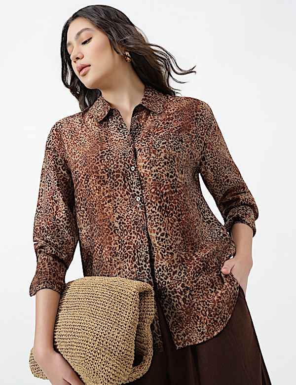 Lyocell Lepard Print Spread Collar Shirt