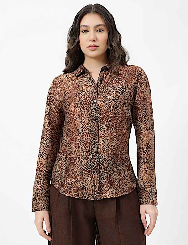 Lyocell Lepard Print Spread Collar Shirt