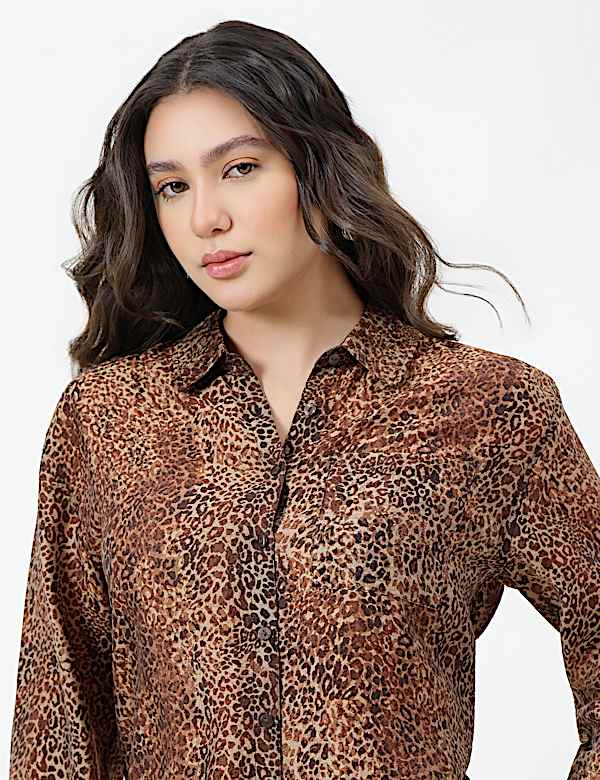 Lyocell Lepard Print Spread Collar Shirt